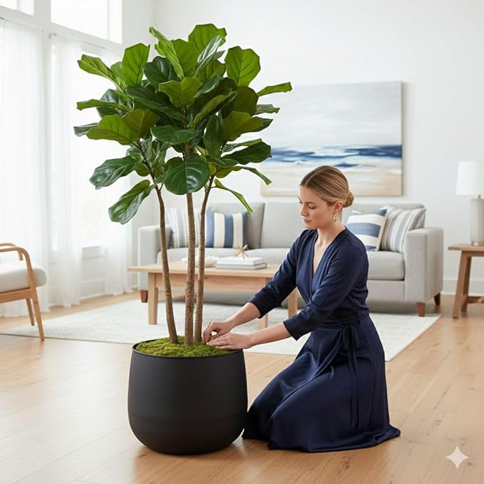 Silk Serenade Round Matt Black Iron Planter, 16 inch Tall Large Indoor Outdoor Plant Pots, Modern Contemporary Lightweight Textured Stone Decorative Garden Pots for House Indoor Outdoor Patio Porch