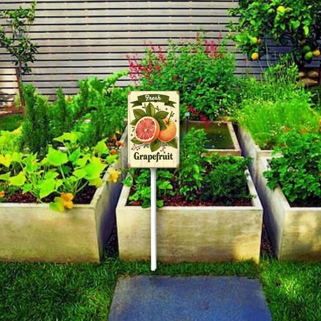 Uptell Vintage Aluminum Grapefruit Fruit Signs Yard Sign with Stake for Garden Fruit Garden Label Stakes Plant Markers for Outdoor Plants Waterproof 7x8.8 inch