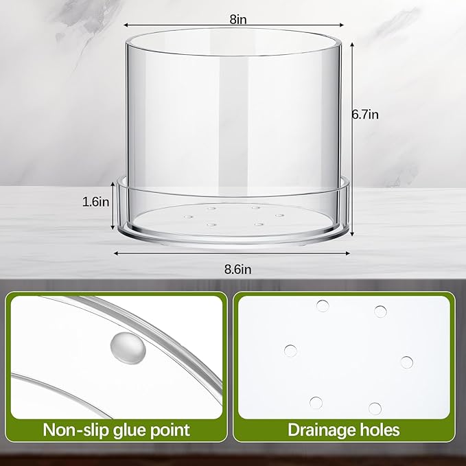 Clear Plant Nursery Pots Acrylic Orchid Pots with Drainage Holes and Tray Transparent Planter for Indoor Plants, Succulents, Herb, Flowers and Cactus Decorative(8 Inches,Circle)