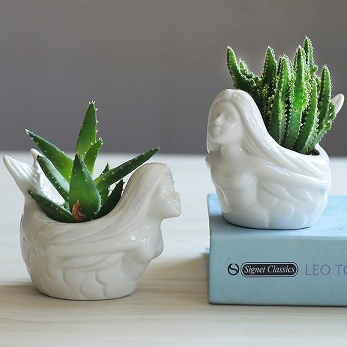 Cute Mermaid Succulent Planter Pot with Drainage Tray, White Ceramic Cactus Flower Container, Small Unique Indoor Air Plants Holder