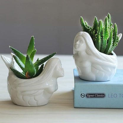 Cute Mermaid Succulent Planter Pot with Drainage Tray, White Ceramic Cactus Flower Container, Small Unique Indoor Air Plants Holder