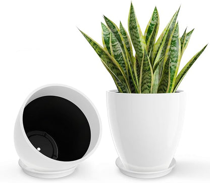 GameXcel Flower Pot Indoor - Outdoor Plant Pot - White Glossy Planter - Elegant Ceramics Imitation - 12" Diameter 12" Tall with Drainage Holes and Saucer 2 Pack