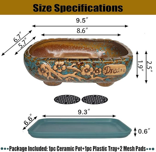 MUZHI 9.5” Rectangular Ceramic Rustic Bonsai Planter Pots with Drip Tray, Glazed Vintage Wide Mouth Shallow Pottery Bonsai Flower Planter Pots with Saucer