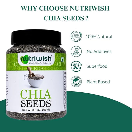 Nutriwish Raw Chia Seeds 250 g (8.8 oz) | Omega-3 Rich Superfood with Fibre, Antioxidants & Plant Protein | For Smoothies, Puddings, Baking & Healthy Vegan & Keto Diets