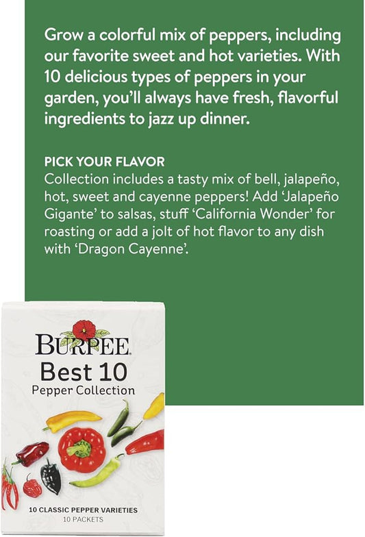 Burpee Best Collection | 10 Packets of Non-GMO Fresh Mix of Hot Pepper & Sweet Varieties | Jalapeno, Bell Pepper Seeds & More, Seeds for Planting