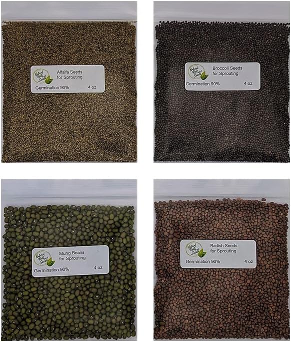 Variety Pack Sprouting Seeds. One Pound. Includes one Pack of Broccoli, Alfalfa, Radish & Mung Beans. for Sprouts and Microgreens. Non-GMO. Seeds for Jar or Trays. Each Pack is a Quarter Pound