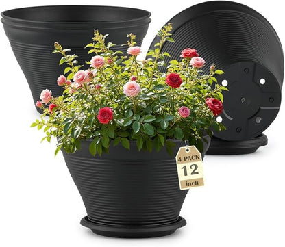 4 Pack 12 Inch Plant Pots with Saucers, Plastic Flower Pots with Drainage Holes, Large Planters for Indoor Outdoor Garden, House Plants, Flowers, Herbs, Gardening Gifts, Black