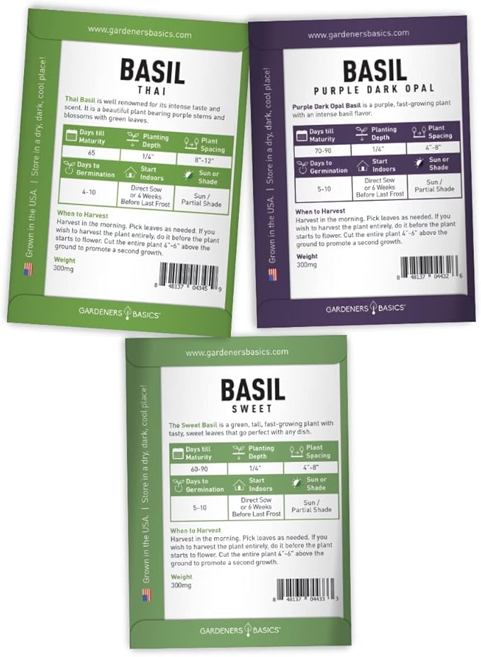 Gardeners Basics, Basil Seeds for Planting Home Garden Herbs - 5 Variety Herb Pack Thai, Lemon, Cinnamon, Sweet and Dark Opal Basil Seeds Herb Seeds for Indoors, Outdoors, Hydroponics & Aquaponic