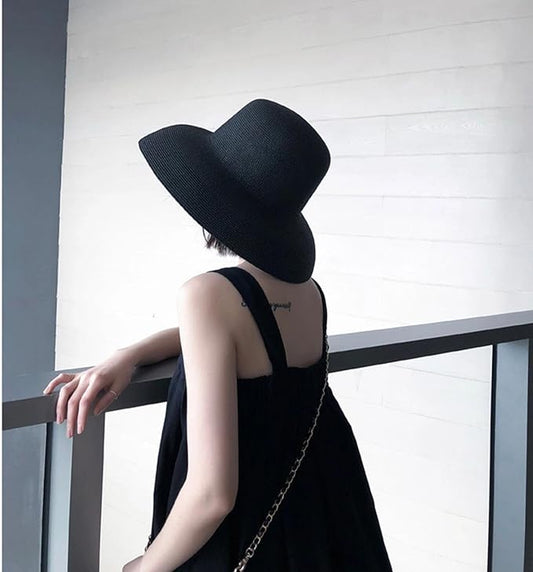 Wide-Brim Classic Elegant Style Foldable Straw Hat Women's Retro UV Resistant Sun Hats for Outdoor, Beach and Travel