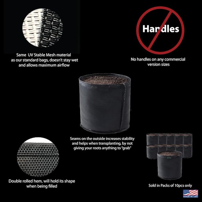 Commercial Grow Bag Pack of 10, Air Pruning Mesh Fabric Plant Containers (3 Gallon, Black)