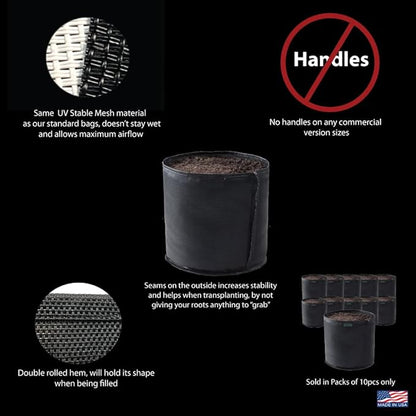 Commercial Grow Bag Pack of 10, Air Pruning Mesh Fabric Plant Containers (3 Gallon, Black)