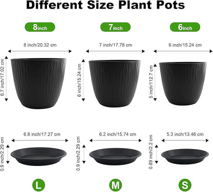 8/7/6 inch Plant Pots, 3 Pack Flower Pots for Outdoor Indoor Garden Plants, Large Planters with Multi Mesh Drainage Holes and Saucer (Black, 8"+7"+6")
