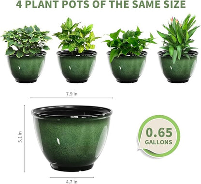 8 Inch Plastic Plant Pots, Set of 4 Flower Pots Planters with Drainage Hole, Glossy Smooth Finish Planter for Indoor Outdoor Succulent Snake Plants (Green)