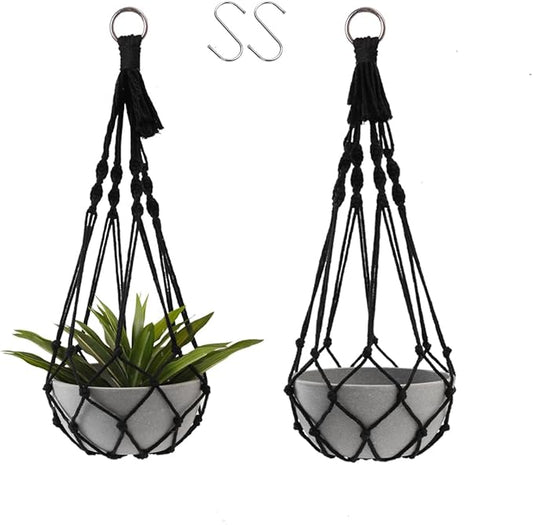 Artilady Black Plant Hanger Macrame Hanging Planter for Indoor Boho Plants Holder with Hooks Hanging Plant Basket Outdoor Window Wall Plants Home Decor (Black Macrame-2pcs)