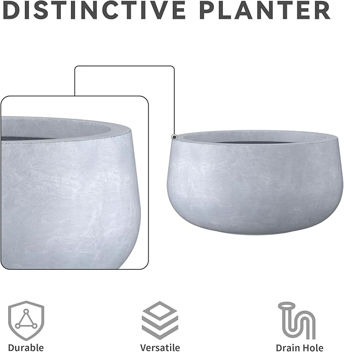 Kante 19.6" Dia Round Concrete Planter, Outdoor Indoor Garden Plant Pots with Drainage Hole and Rubber Plug, Modern Curvaceous Design, Slate Gray
