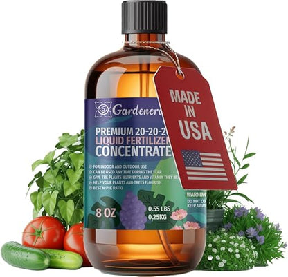 Gardenera Premium All-Purpose 20-20-20 Liquid Fertlizer - 𝐂𝐎𝐍𝐂𝐄𝐍𝐓𝐑𝐀𝐓𝐄 - Increases Flowering and Yield on All Varieties of Fruits, Vegetables and Flowers| Liquid Plant Superfood (8 OZ)