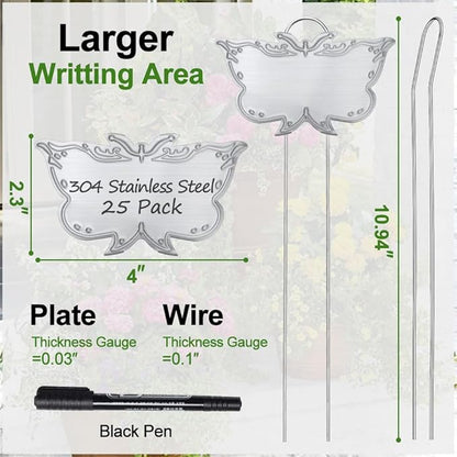 Metal Plant Labels, Tall Outdoor Butterfly Garden Markers for Flowers, Fruits and Vegetables, 304 Stainless Steel Weatherproof Signs (25 Packs, 4" x 2.3", Silver Butterfly Design)