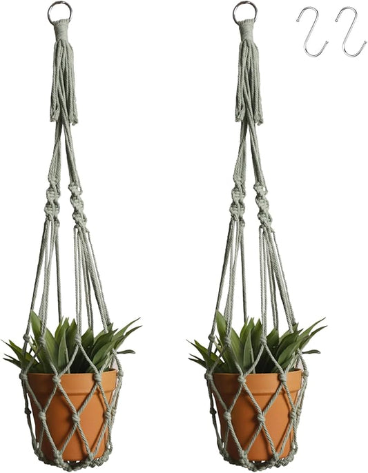 Artilady Macrame Hanging Planter for Indoor Plants, Boho Woven Plant Hanger Large Hanging Flower Pot Holders Outdoor Baskets Storage No Tassels Sage Green Wall Decor (Sage Green-2pcs)