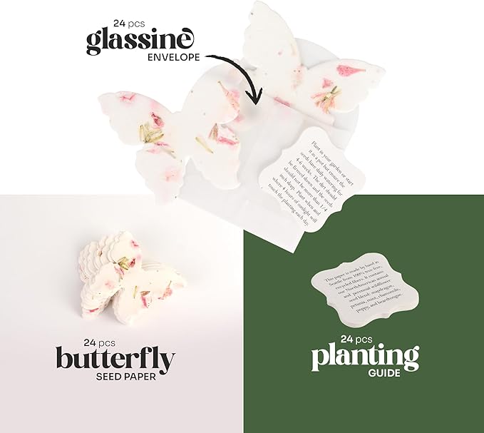 Set of 24 Pink Butterfly Seed Paper – Writable & Plantable Wildflower with Envelopes & Planting Guides, Gift for Moms or Plant Lovers for Mother’s Day, Party Favors for Weddings & Showers