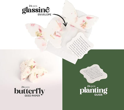 Set of 24 Pink Butterfly Seed Paper – Writable & Plantable Wildflower with Envelopes & Planting Guides, Gift for Moms or Plant Lovers for Mother’s Day, Party Favors for Weddings & Showers