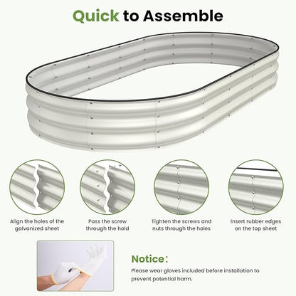 Galvanized Raised Garden Bed, 8x4x1 FT Oval Metal Planter Box for Outdoor, 12” Raised Beds for Gardening Vegetables Flower Herb(Pearl White)