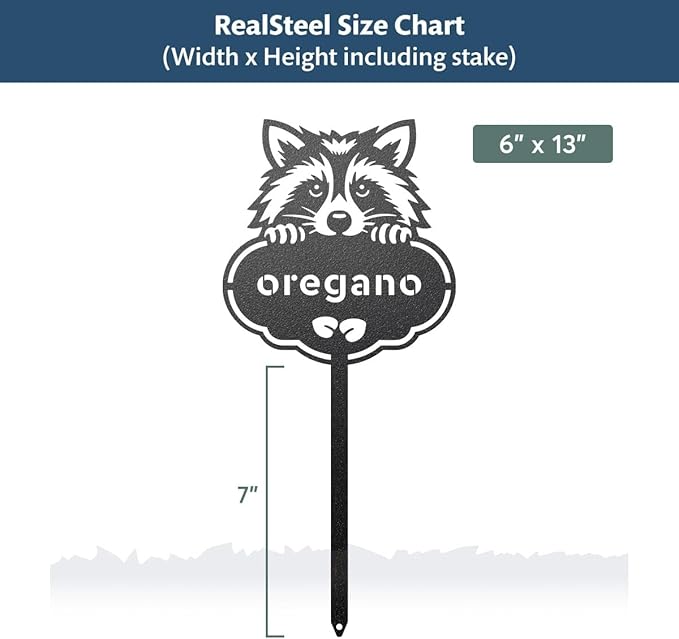 RealSteel Rocky The Raccoon Plant Markers – Cute Metal Garden Labels for Herbs & Vegetables | Outdoor Steel Plant Stakes for Garden, Greenhouse & Raised Beds | Gardening Gift | USA (DILL-B-6X13)