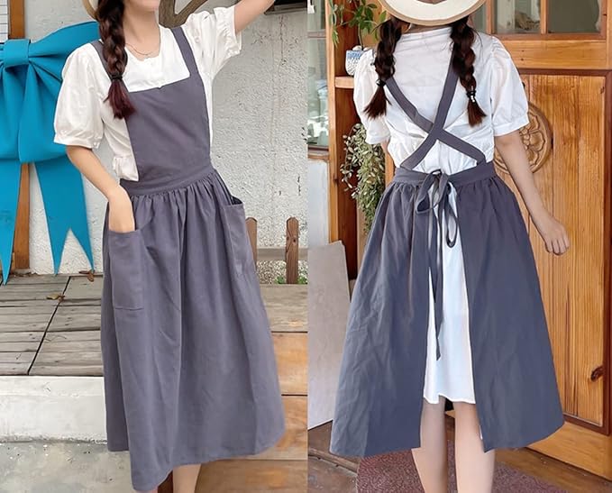 Cute Retro Cotton Linen X-Back Aprons Home Kitchen Garden Art Painting Pinafore Florist Shop Overalls