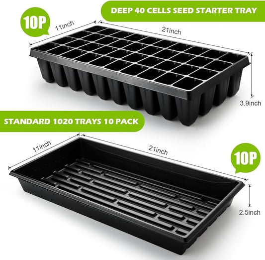 10 Pack 1020 Seed Starter Trays and 10 Pcs 40 Cell Plug Trays, Thick Durable Seedling Plastic Nursery Tray for TD542 1020 Tray Germination (10 Sets)