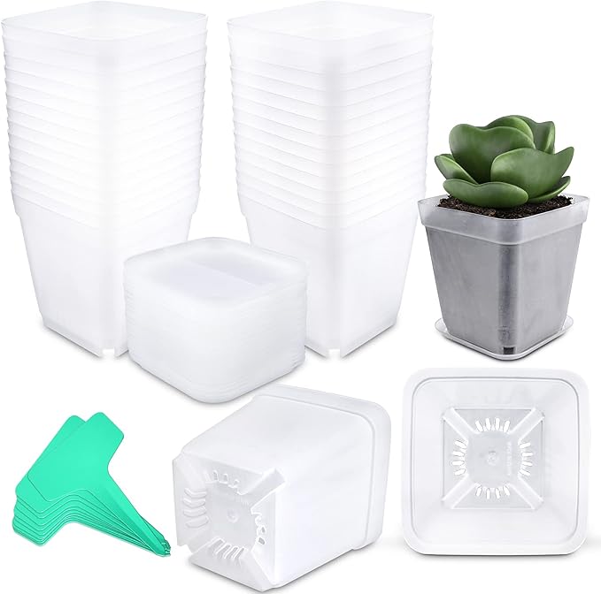 Square Nursery Pots Plastic 28 pcs 3 inches with Saucers and Plant Labels Reusable Seedling Pots Frosted Starter Plant Pots Mini Planter for Indoor/Outdoor
