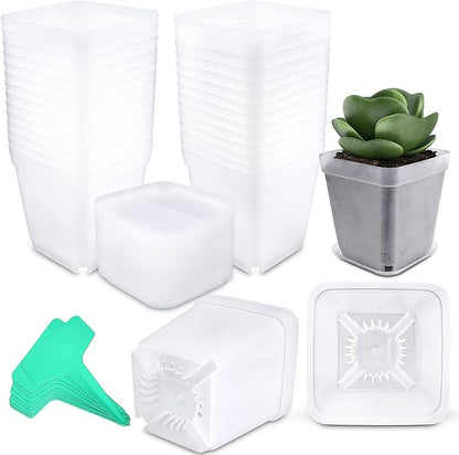 Square Nursery Pots Plastic 28 pcs 3 inches with Saucers and Plant Labels Reusable Seedling Pots Frosted Starter Plant Pots Mini Planter for Indoor/Outdoor