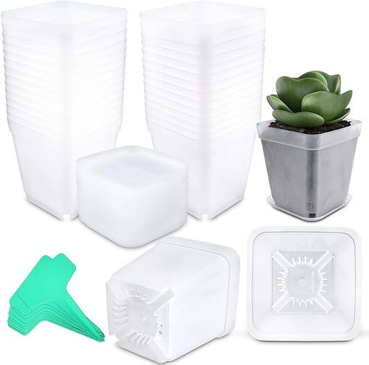 Square Nursery Pots Plastic 28 pcs 3 inches with Saucers and Plant Labels Reusable Seedling Pots Frosted Starter Plant Pots Mini Planter for Indoor/Outdoor