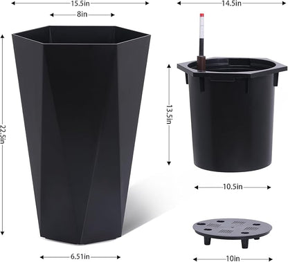 GarveeLife 22.5 in Tall Diamond Planters Set of 2, Self Watering Planters with Water Level Monitor, Flower Pots Outdoor and Indoor for Patio, Porch, Living Room, Home Office, Black