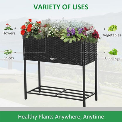 Outsunny Raised Garden Bed, Elevated Planter Box with Rattan Wicker Look, Tool Storage Shelf, Portable Design for Herbs, Vegetables, Flowers, Black
