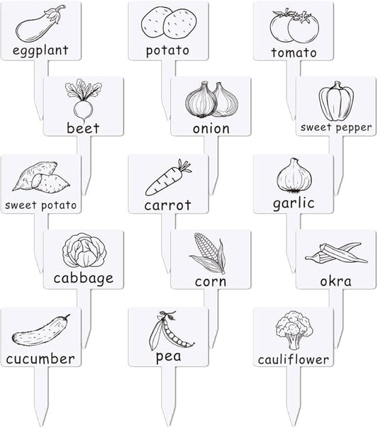arricraft 15 Pcs Acrylic Plant Label Signs, Vegetable Themed Waterproof Garden Stake Labels T-Shaped Plant Marker with Vegetable Names for Indoor Outdoor Potted Plants Nursery Marker Decoration