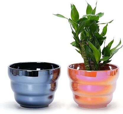Plant Pots Indoor 6 Inch Ceramic Rainbow Pearl Glaze Planters with Drainage Holes, Set of 2 Flower Pots for Succulents Cactus Orchid, Black and Orange
