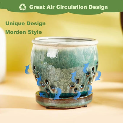 Orchid Pots with Holes Attached Saucers 4.6 Inches - 2 Pcs Small Ceramic Pots for Repotting, Decorative Ceramic Orchid Planter with Hole for Healthy Root Growth Blue Purple