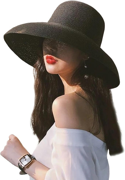 Wide-Brim Classic Elegant Style Foldable Straw Hat Women's Retro UV Resistant Sun Hats for Outdoor, Beach and Travel