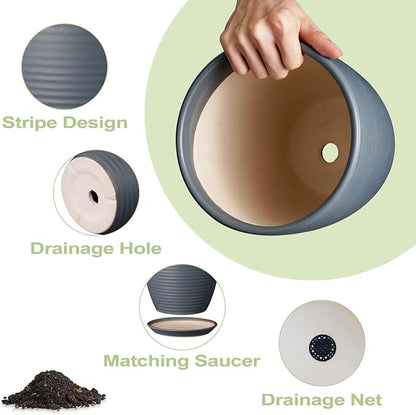 10 Inch Ceramic Planter Round Plant Pots for Plants Indoor Outdoor Glaze Large Flower Pot with Drainage Hole and Saucer Gray