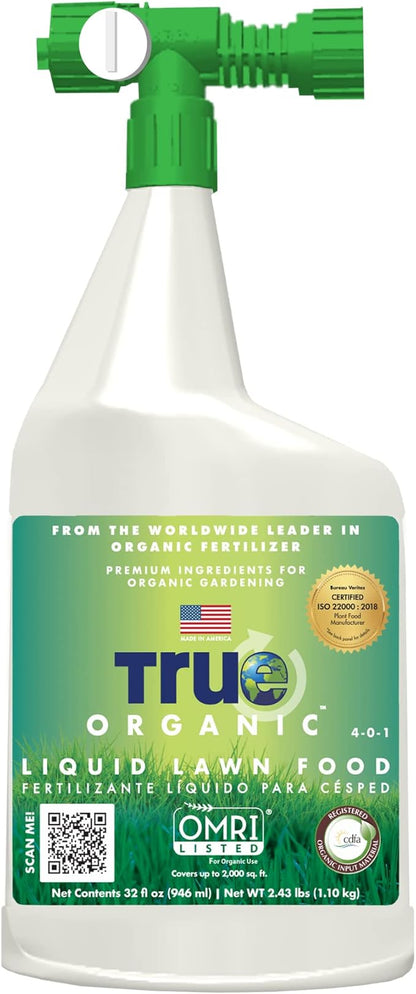 True Organic Liquid Lawn Food – Rapid Green-Up Lawn Fertilizer with 1% Iron – Covers Up to 2,000 Sq. Ft. – 32 fl. oz. Hose-End Sprayer
