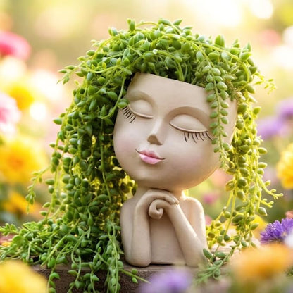 Face Head Planter, Funny Heads Plant Pots, Cute Girl Faces Plant Pot, Decorative Flower Pots, Cute Succulent Pots with Drainage for Home Garden Decor, Plant Lover's Gifts for Women (7" Khaki)