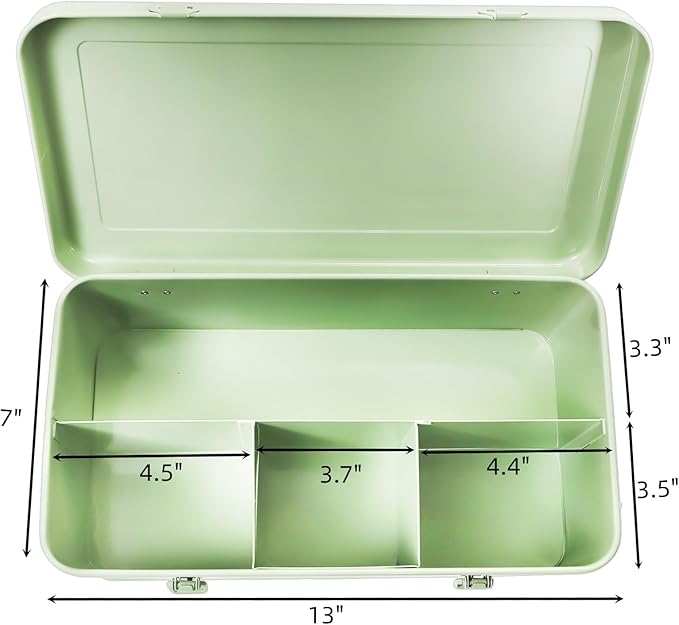 Seed Storage Organizer Box with 4 Compartments, Large Metal Seed Packet Container with Lid & Safety Locks, Garden Seed Bin for Saving Seeds with 50 Plant Labels, 20 Envelopes