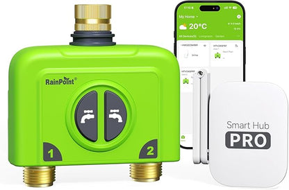 RAINPOINT WiFi Water Timer for Garden Hose, 2 Zone WiFi Sprinkler Controller, Smart Hose Timer Valve, Automatic Drip Irrigation System/Rain Delay for Garden/Lawn (Brass Inlet & Outlet, WiFi Gateway)