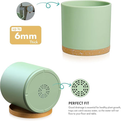 8 Inch Medium Flower Pots for Indoor Outdoor Plants, Cylinder Deep Plant Pots with Drainage Holes & Saucer, Decorative Plastic Planter Pots for Garden House Plants, Green with Brown