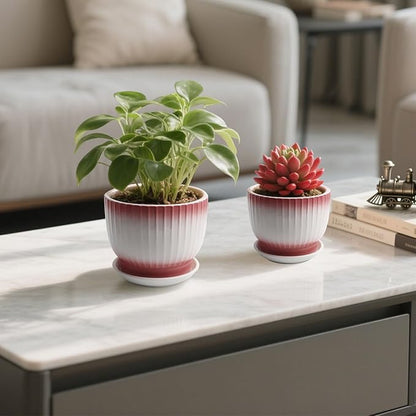 6.7 + 5.5 Inch Ceramic Plant Pots,Set of 2,Planters with Drainage Hole and Saucer,Flower pots for Indoor Plants,Elegant Design(Pink + White,