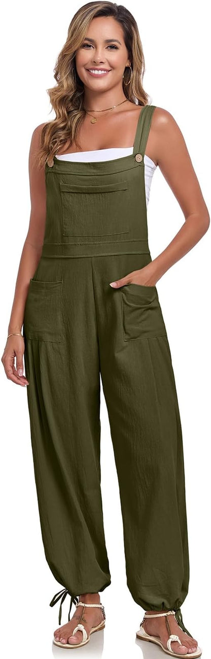 ALSOGO Womens Wide Leg Overalls Loose Beach Vacation Outfits Jumpsuits 2025 Causal Sleeveless Rompers with Pockets