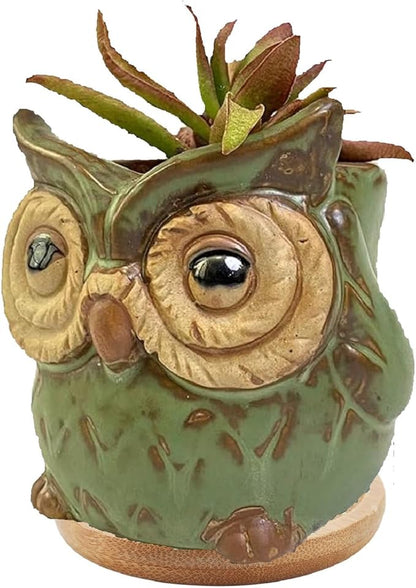 Decorative Ceramic Planter with Bamboo Base Indoor Plant Holder Animal Shaped Ceramic Succulent Pot with Drainage Mini Succulent Plants Cactus Planter (Owl)