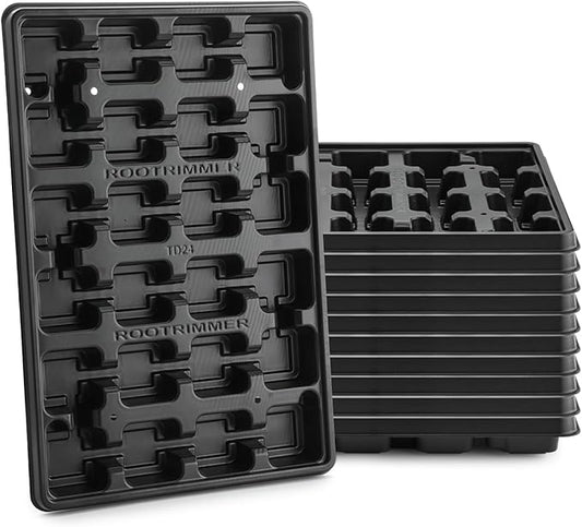 24 Cell Nursery Pots Trays 10 Pack (17"x11"x1.6"), Reusable Plastic Plant Pot Tray with Drain Holes, Carrying Seed Starter Tray for Holding 3 inch Square Nursery Pots (Black)