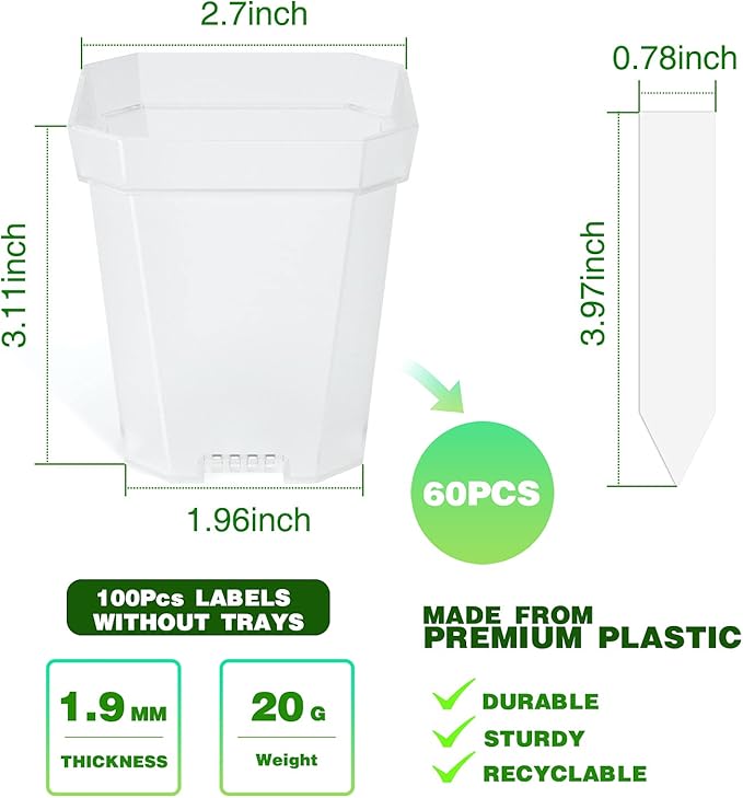foxany 3" Clear Nursery Pot, 60 Pcs Thick Plastic Square Planting Pots Without Saucers, Plant Seedling Pots, Seed Starting Pots with 100Pcs Plant Labels