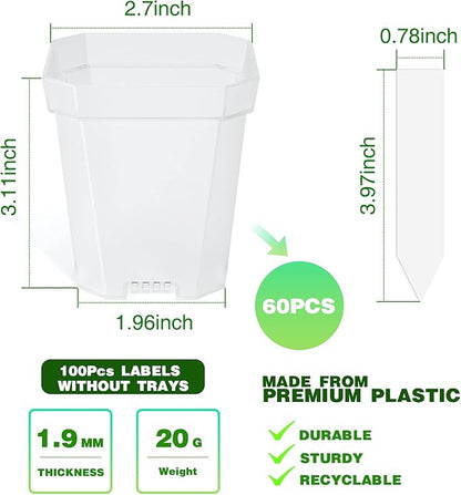 foxany 3" Clear Nursery Pot, 60 Pcs Thick Plastic Square Planting Pots Without Saucers, Plant Seedling Pots, Seed Starting Pots with 100Pcs Plant Labels