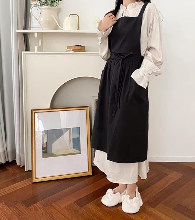 Cute Retro Cotton Linen X-Back Aprons Home Kitchen Garden Art Painting Pinafore Florist Shop Overalls